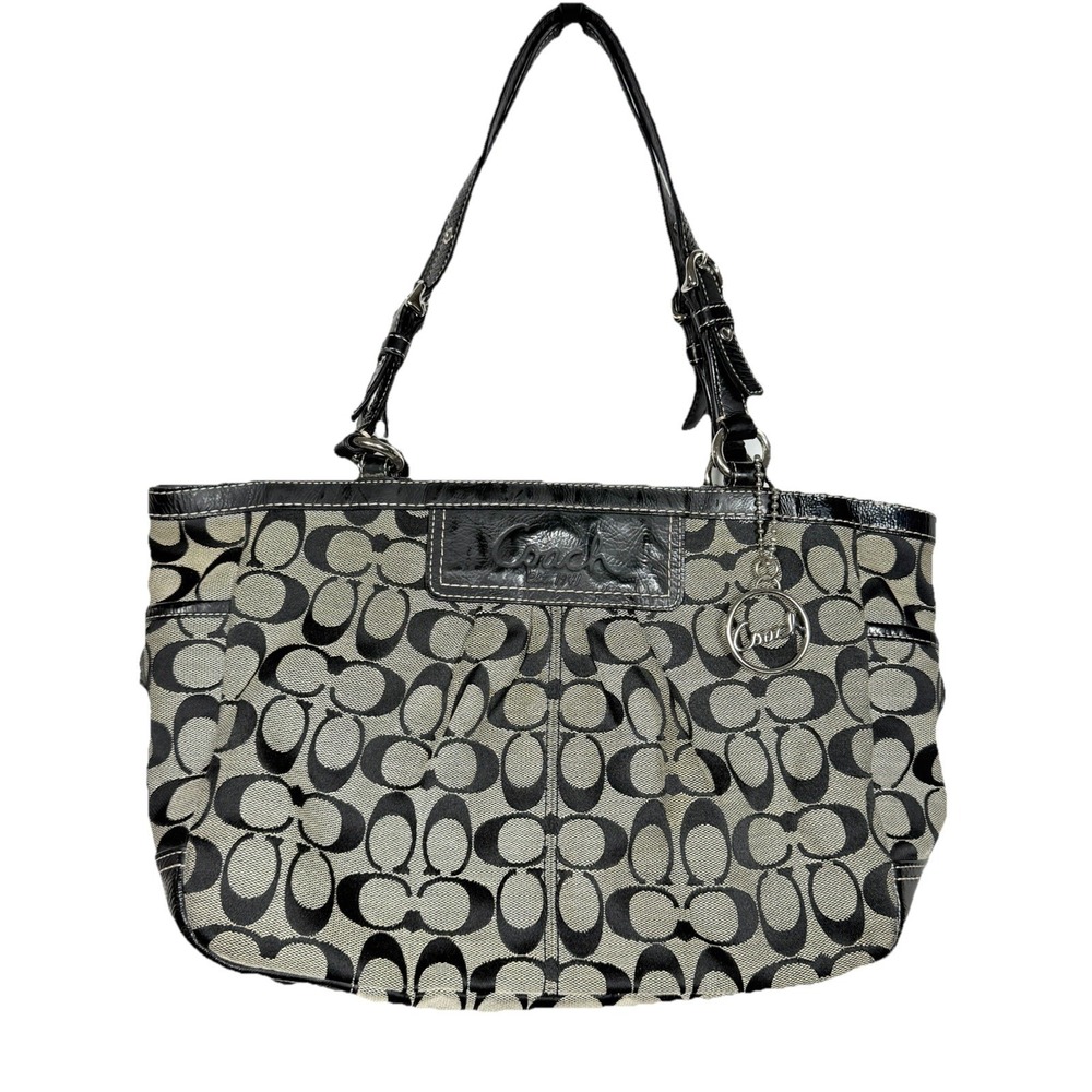 Coach Signature Jacquard‎ Tote Bag Black White Patent Leather Shoulder Purse